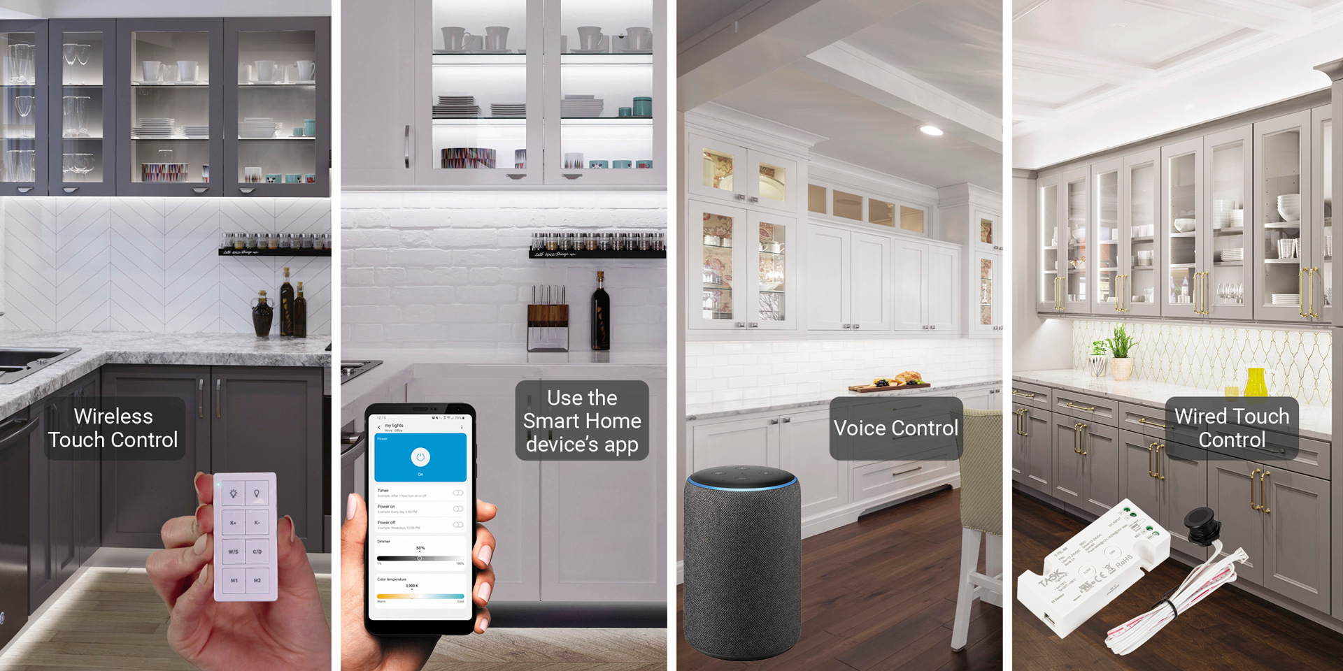 Kitchen in-use examples of the four controls available for TandemLED™ lighting.
