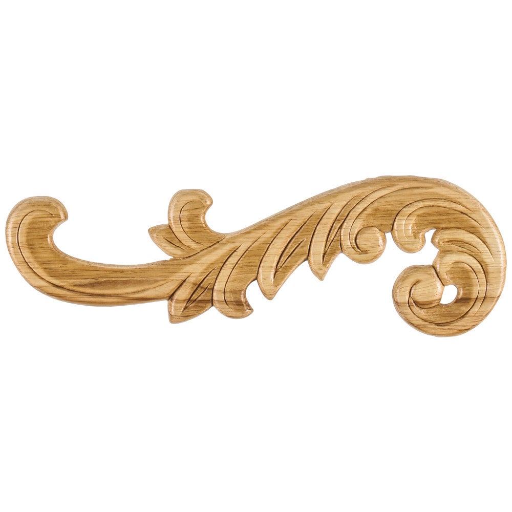 10-1/2" W x 5/16" D x 3-1/4" H Left Curved Pressed Rubberwood Acanthus Appliqué