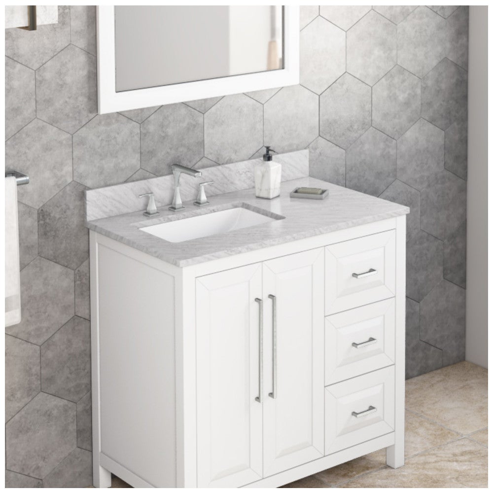37" White Carrara Marble Vanity Top, left offset rectangle bowl cutout